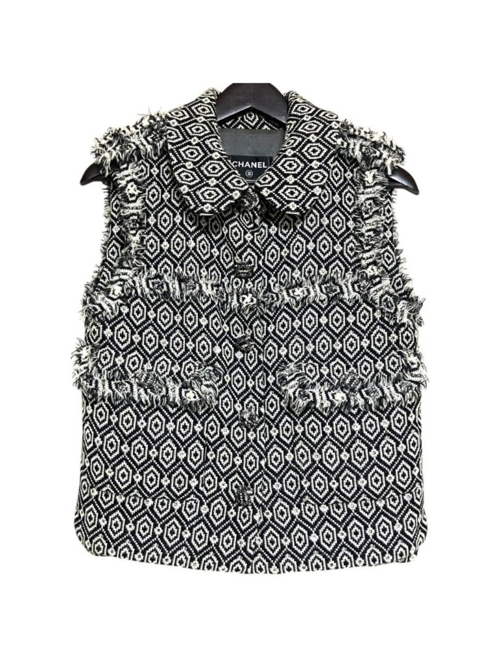 Chanel Geometric Tweed Vest Gilet 34 Black White Pre Owned